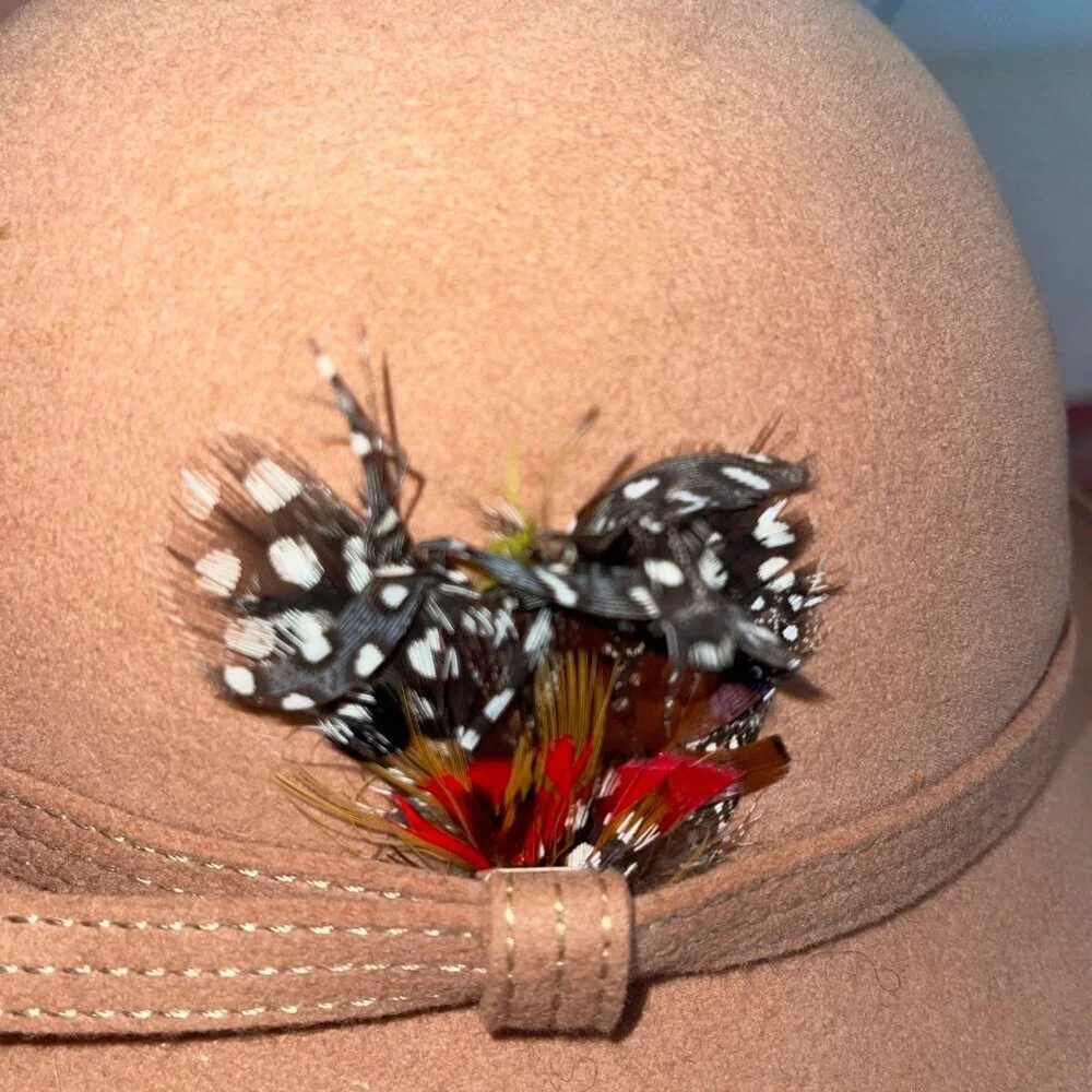 Adolfo II Vintage Womens Hat 21 Inch Tan Cloche Feathers Inside Circumference